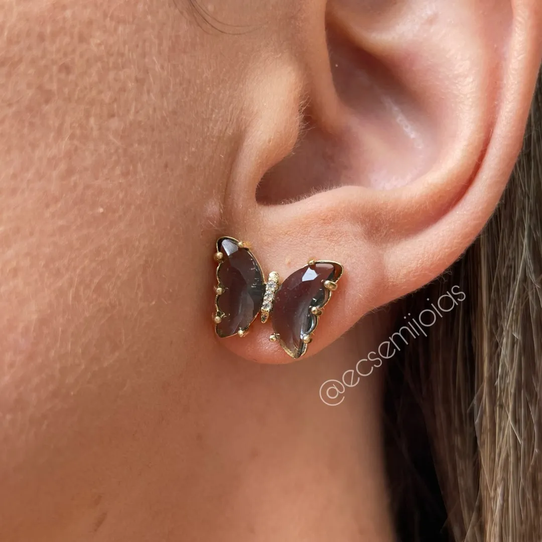 Conjunto de brinco e colar de borboleta - 45 cm - banhado a ouro 18k