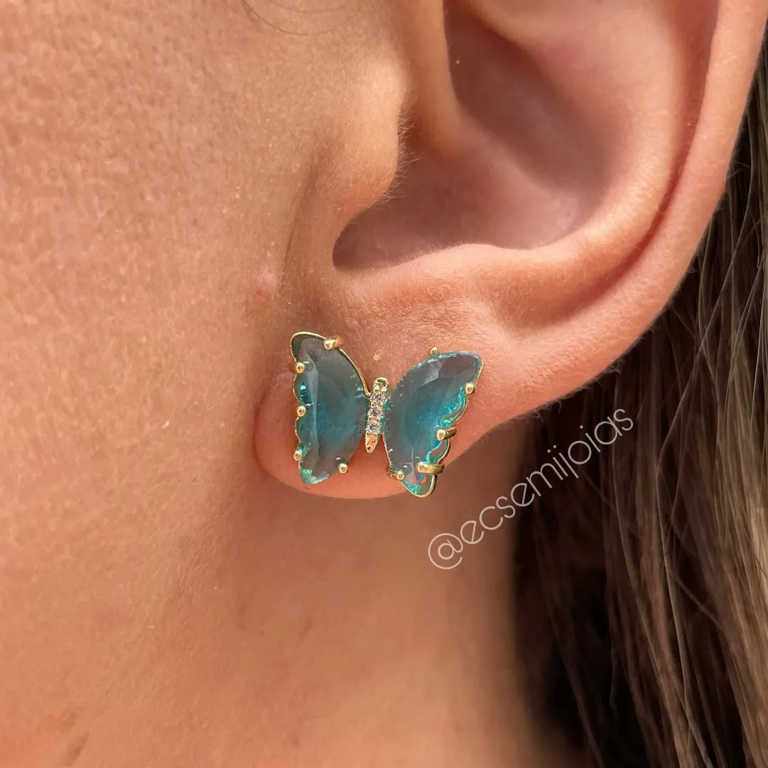 Conjunto de brinco e colar de borboleta - 45 cm - banhado a ouro 18k