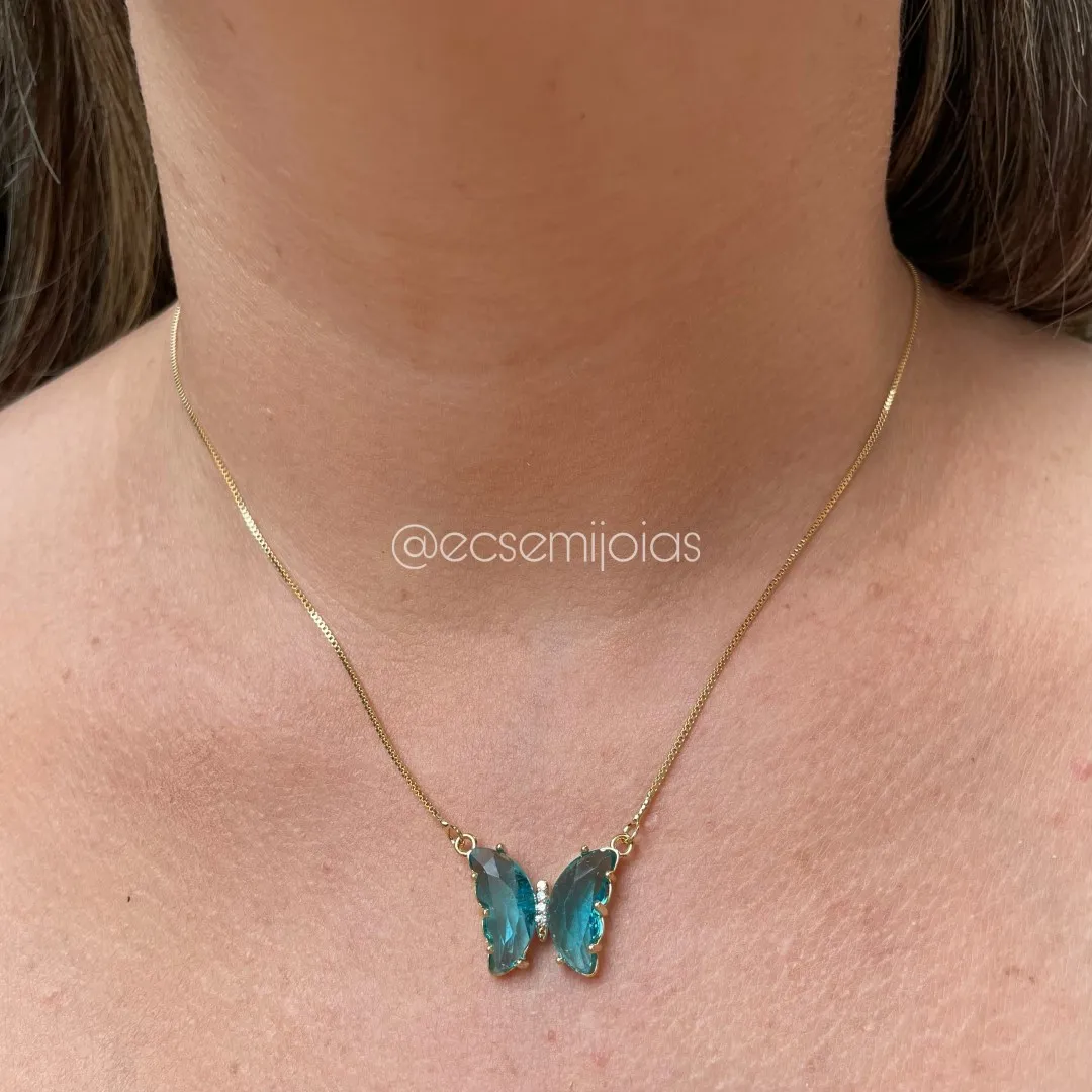 Conjunto de brinco e colar de borboleta - 45 cm - banhado a ouro 18k