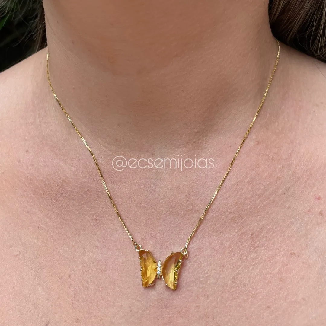 Conjunto de brinco e colar de borboleta - 45 cm - banhado a ouro 18k