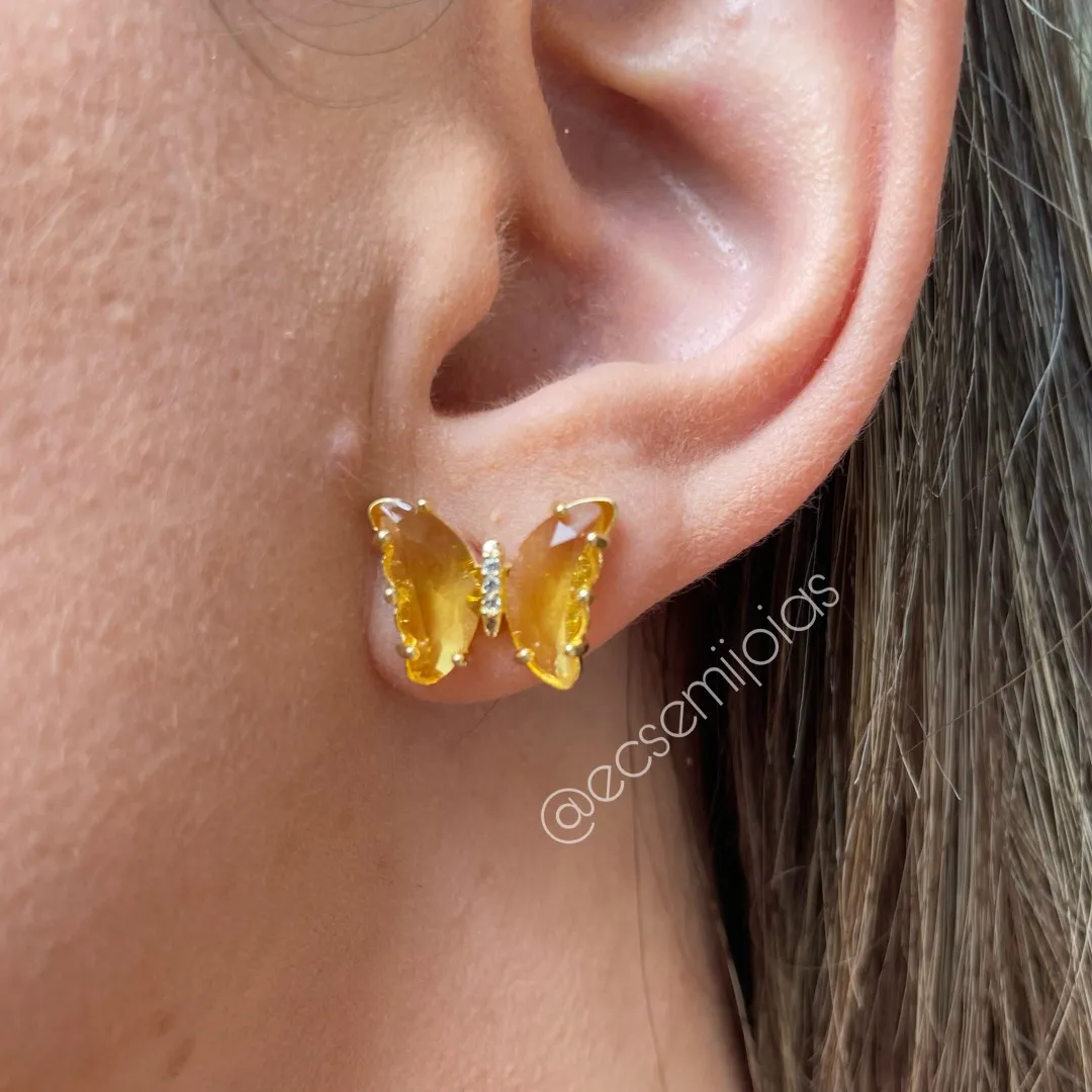 Conjunto de brinco e colar de borboleta - 45 cm - banhado a ouro 18k
