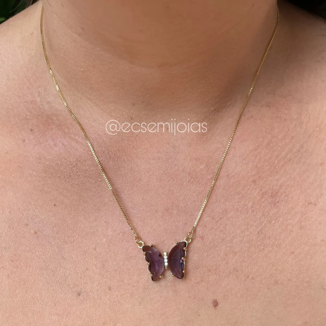 Conjunto de brinco e colar de borboleta - 45 cm - banhado a ouro 18k