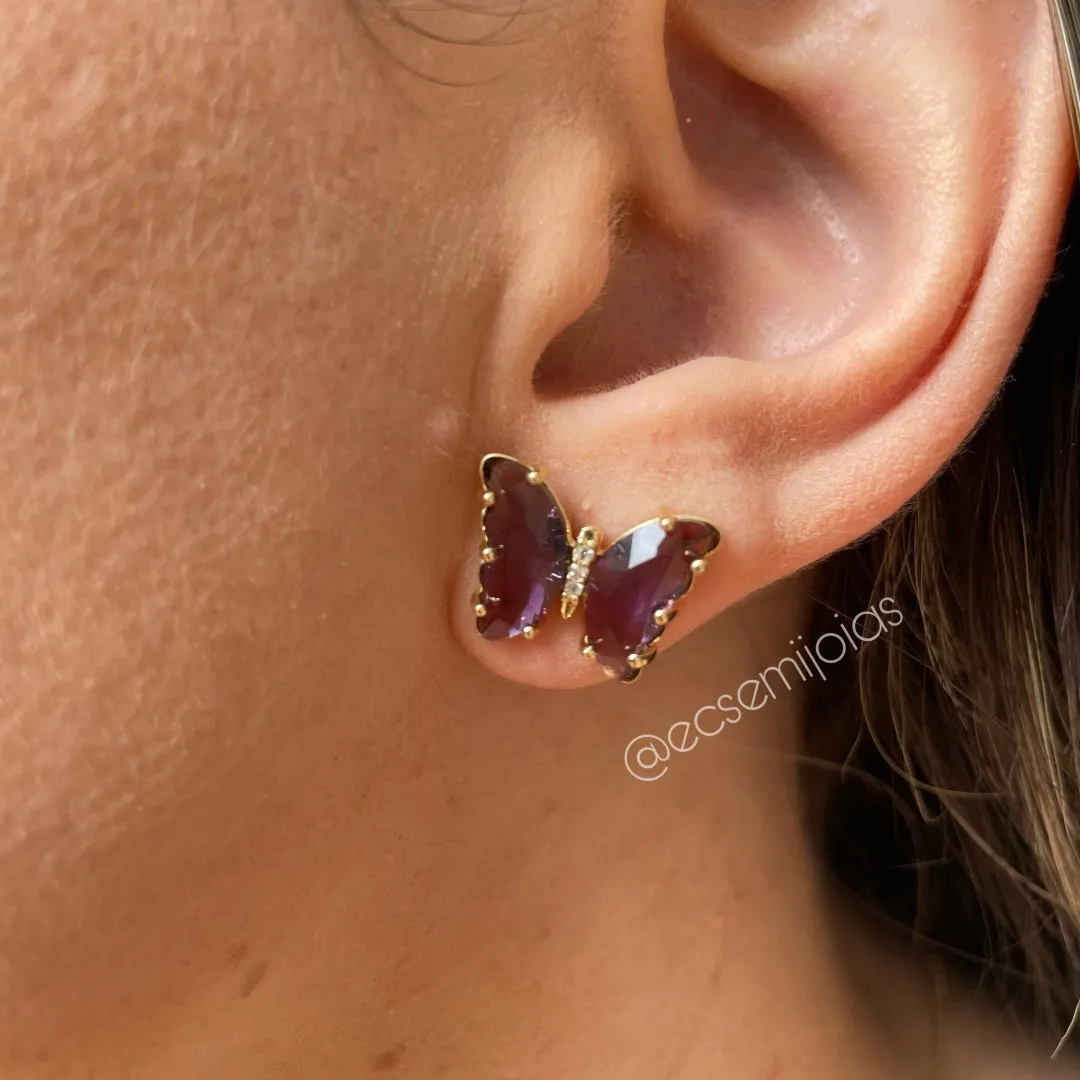 Conjunto de brinco e colar de borboleta - 45 cm - banhado a ouro 18k