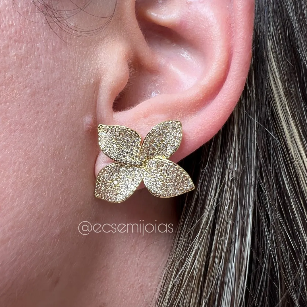 Conjunto anel e brinco com folhas grandes cravejadas - banhado a ouro 18k