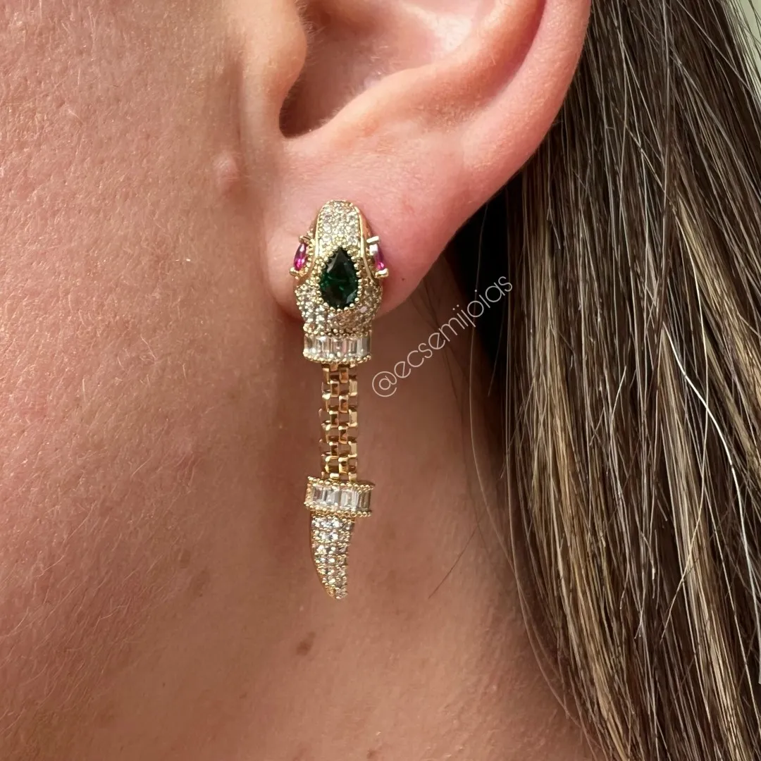 Conjunto anel e brinco de cobra cravejada - banhado a ouro 18k