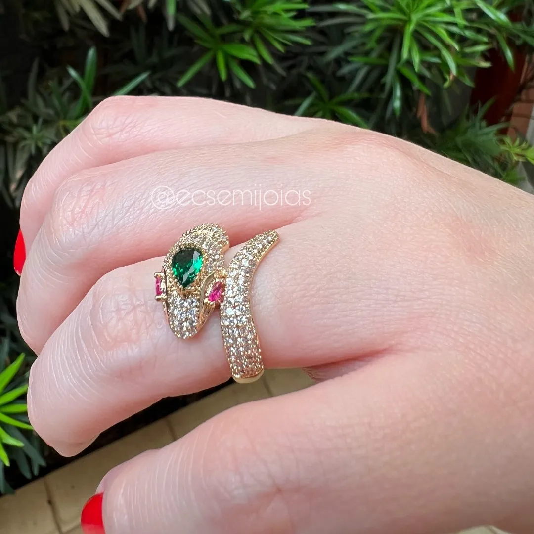 Conjunto anel e brinco de cobra cravejada - banhado a ouro 18k