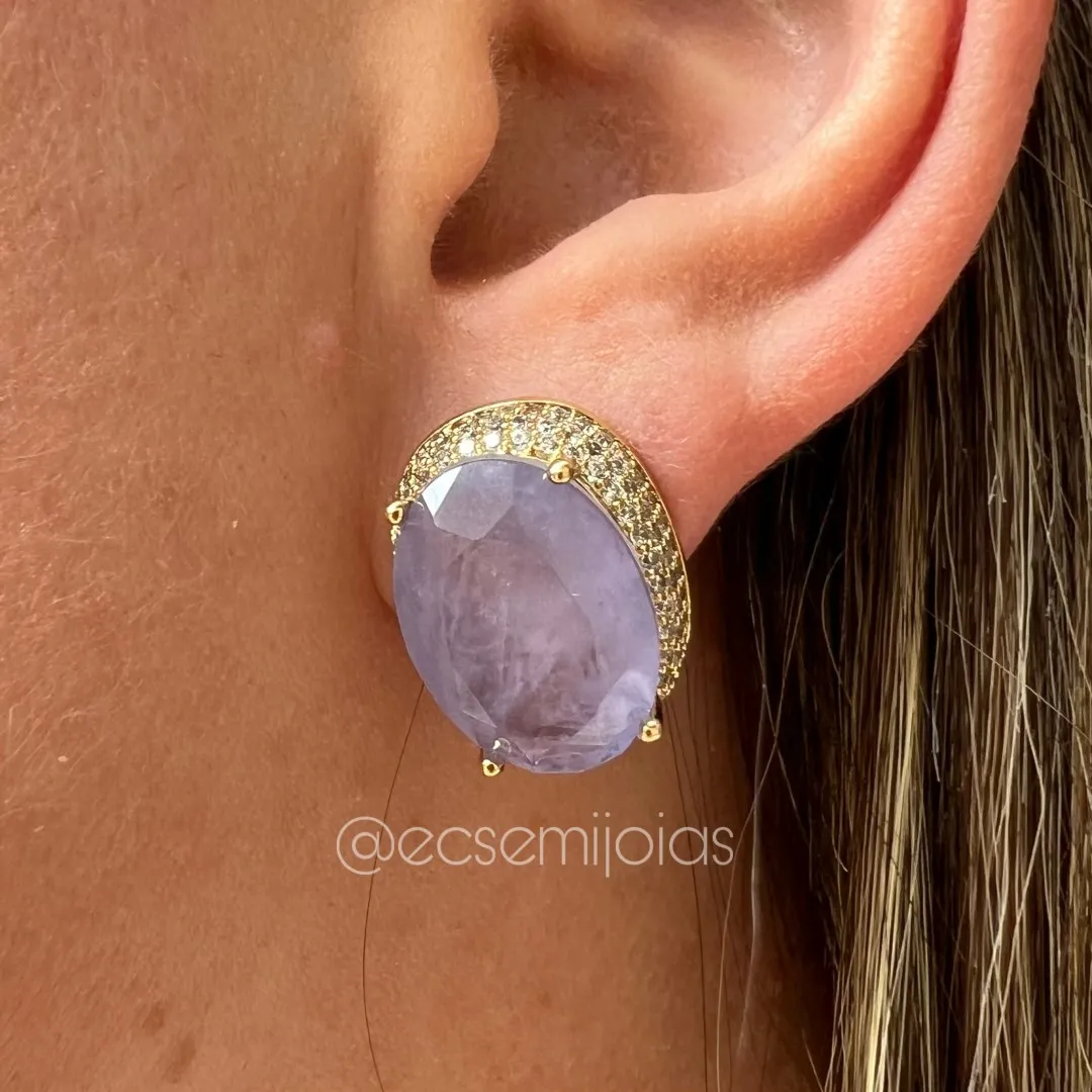 Conjunto anel e brinco com pedra natural oval grande cravejado nas laterais - banhado a ouro 18k