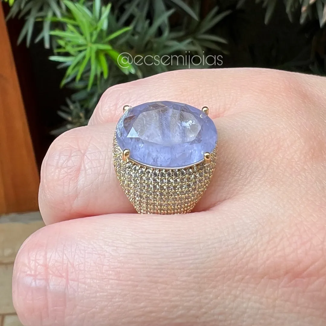 Conjunto anel e brinco com pedra natural oval grande cravejado nas laterais - banhado a ouro 18k