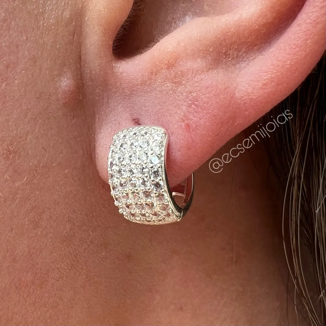 Argola tranqueta com 5 fileiras cravejadas - 15mm - banhado a prata 925