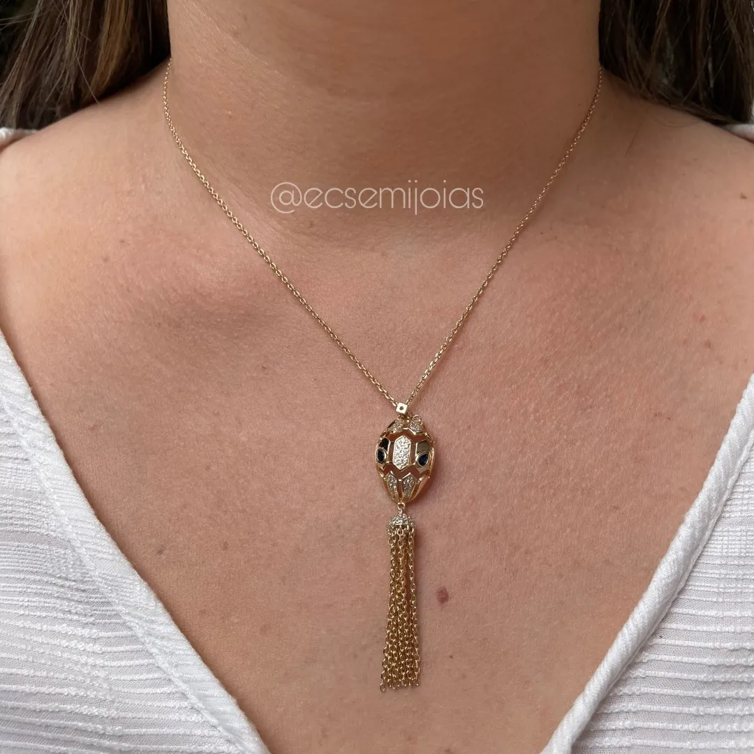 Colar cobra cravejada com franja - banhado a ouro 18k