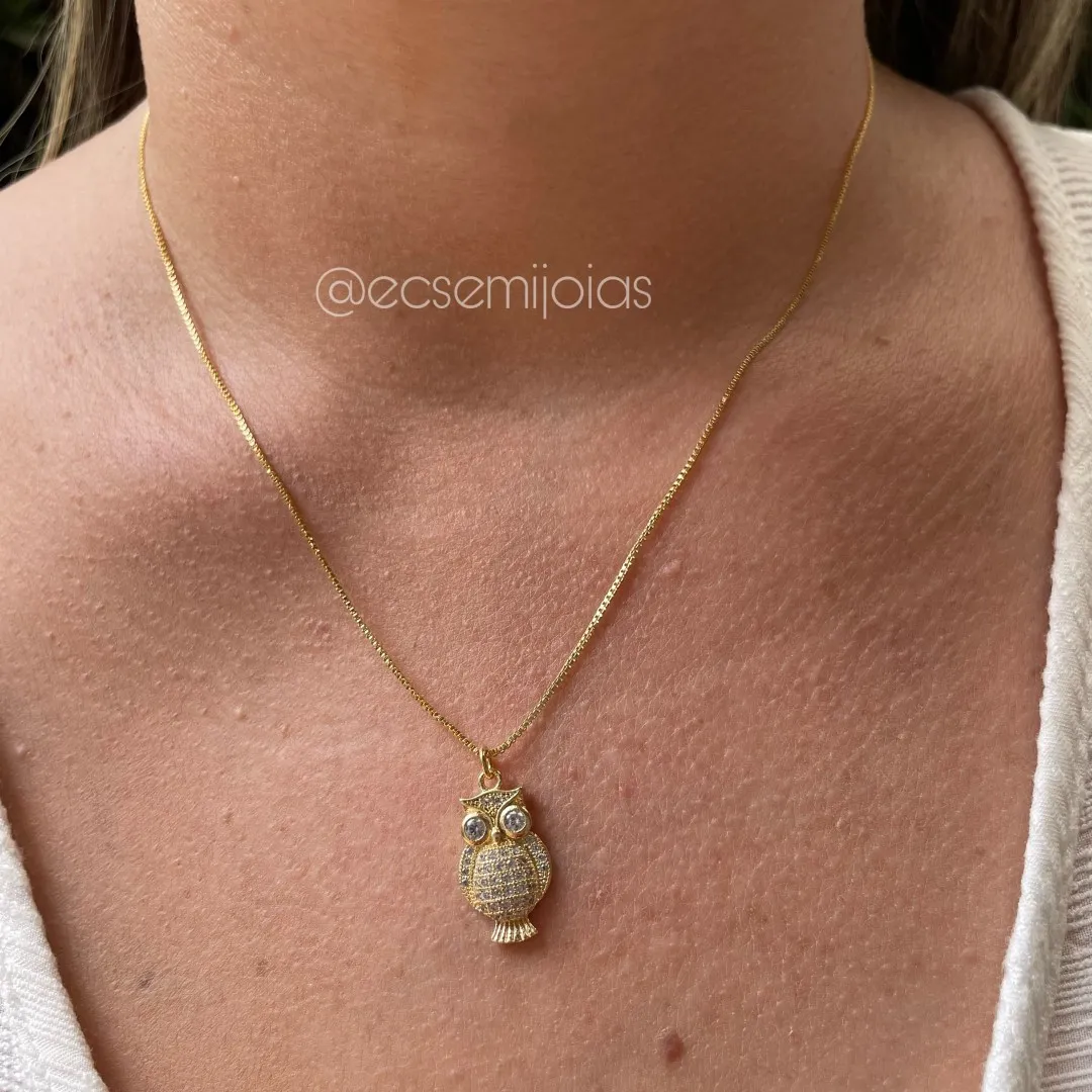 Colar coruja cravejada - 45cm - banhado a ouro 18k