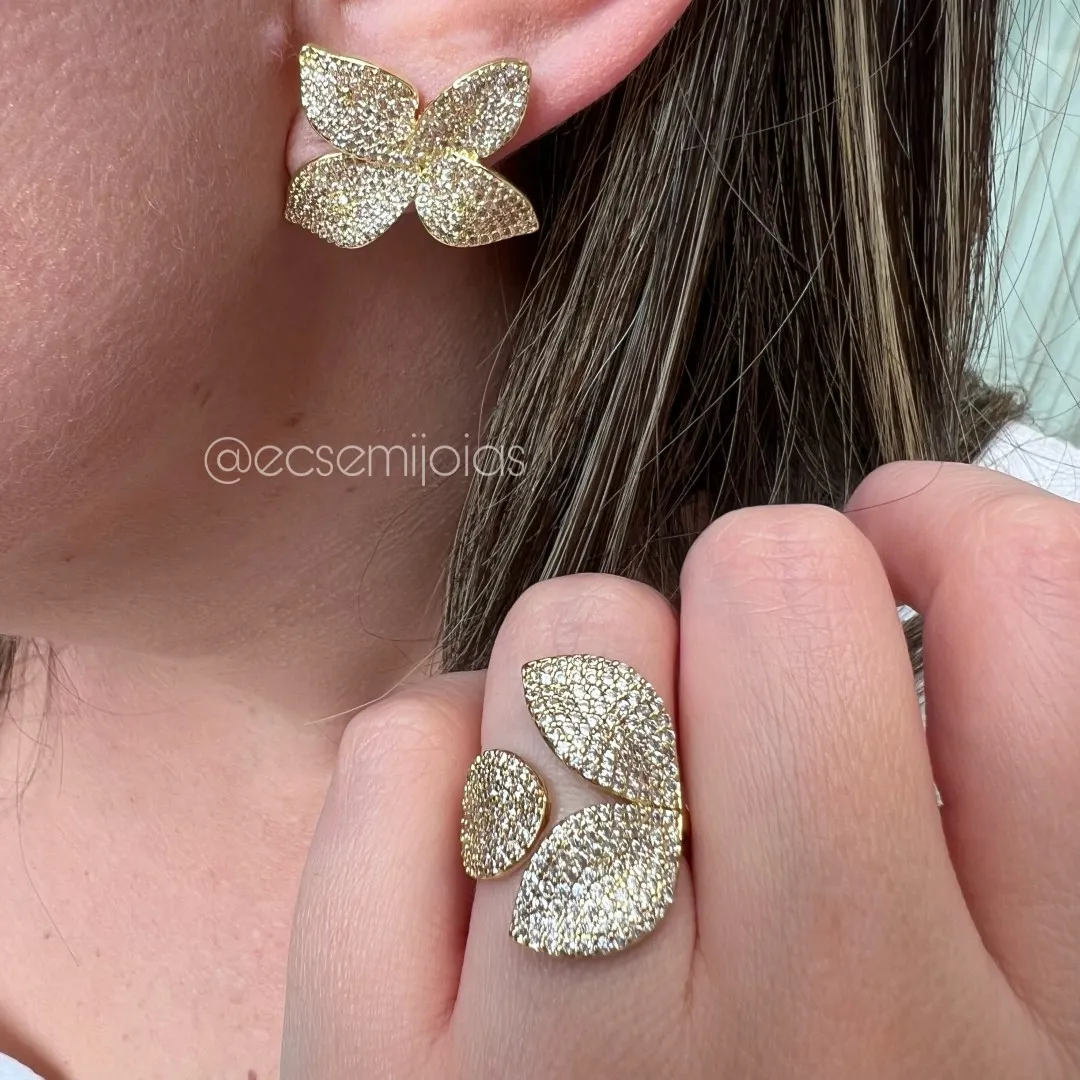 Conjunto anel e brinco com folhas cravejadas - banhado a ouro 18k