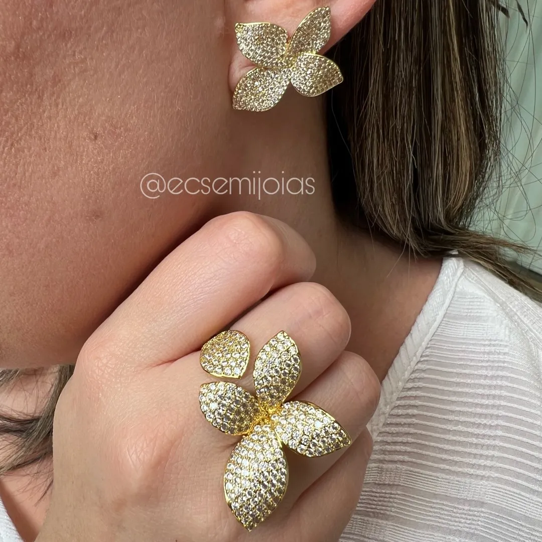 Conjunto anel e brinco com folhas grandes cravejadas - banhado a ouro 18k