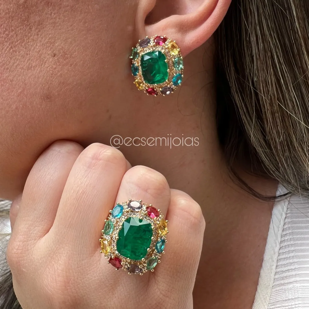 Conjunto anel e brinco com pedra natural retangular grande no centro, cravejado em volta e pedras ovais nas bordas - banhado a ouro 18k