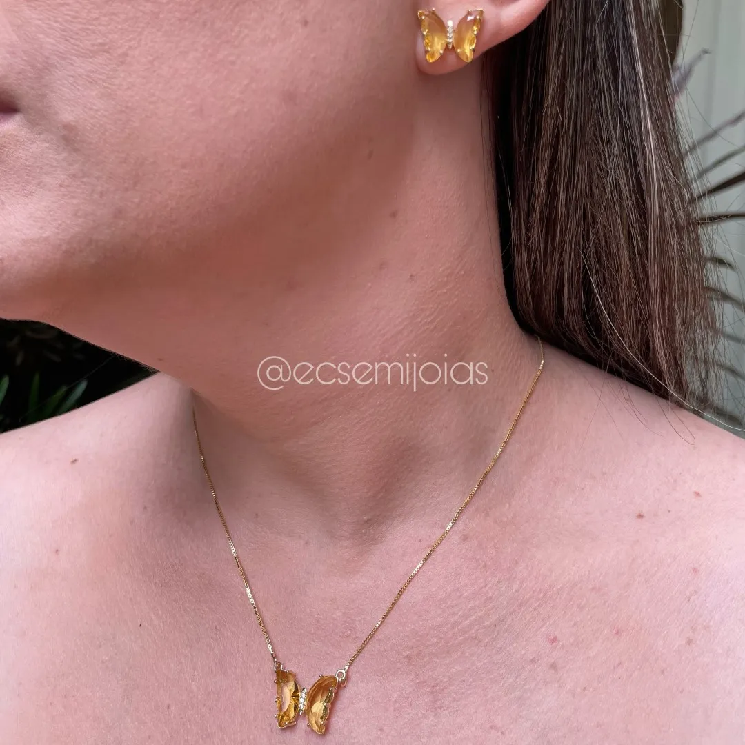 Conjunto de brinco e colar de borboleta - 45 cm - banhado a ouro 18k