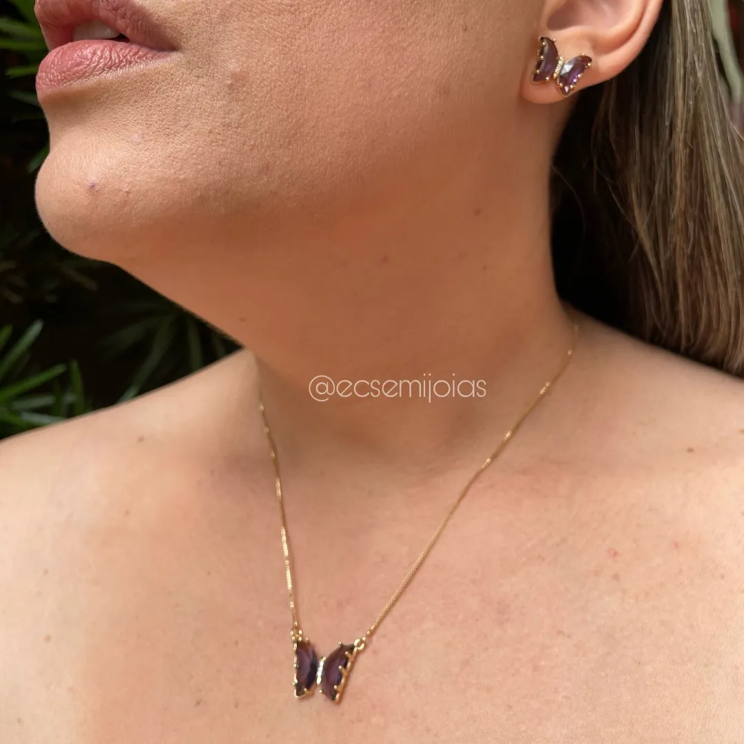 Conjunto de brinco e colar de borboleta - 45 cm - banhado a ouro 18k