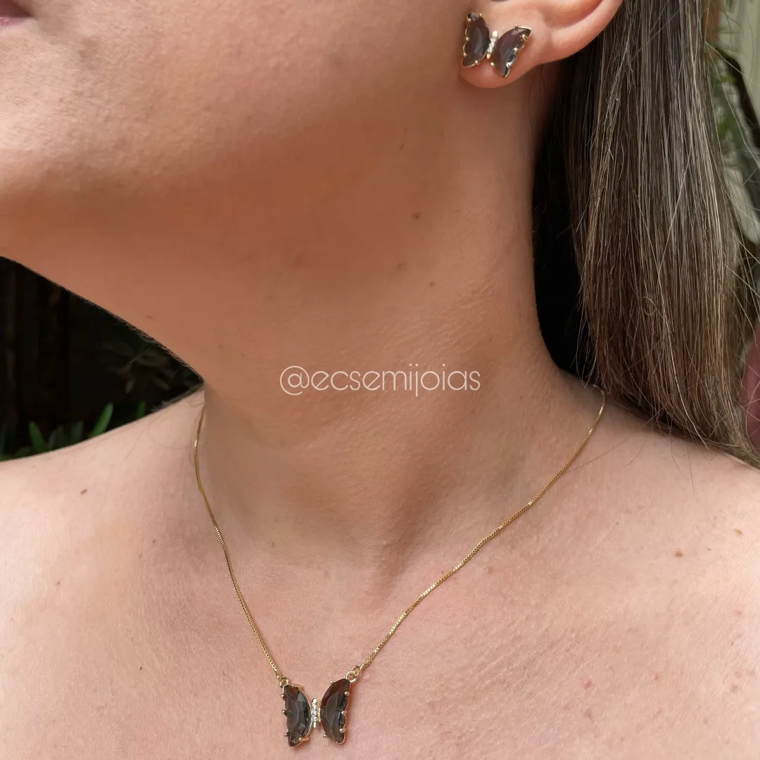 Conjunto de brinco e colar de borboleta - 45 cm - banhado a ouro 18k