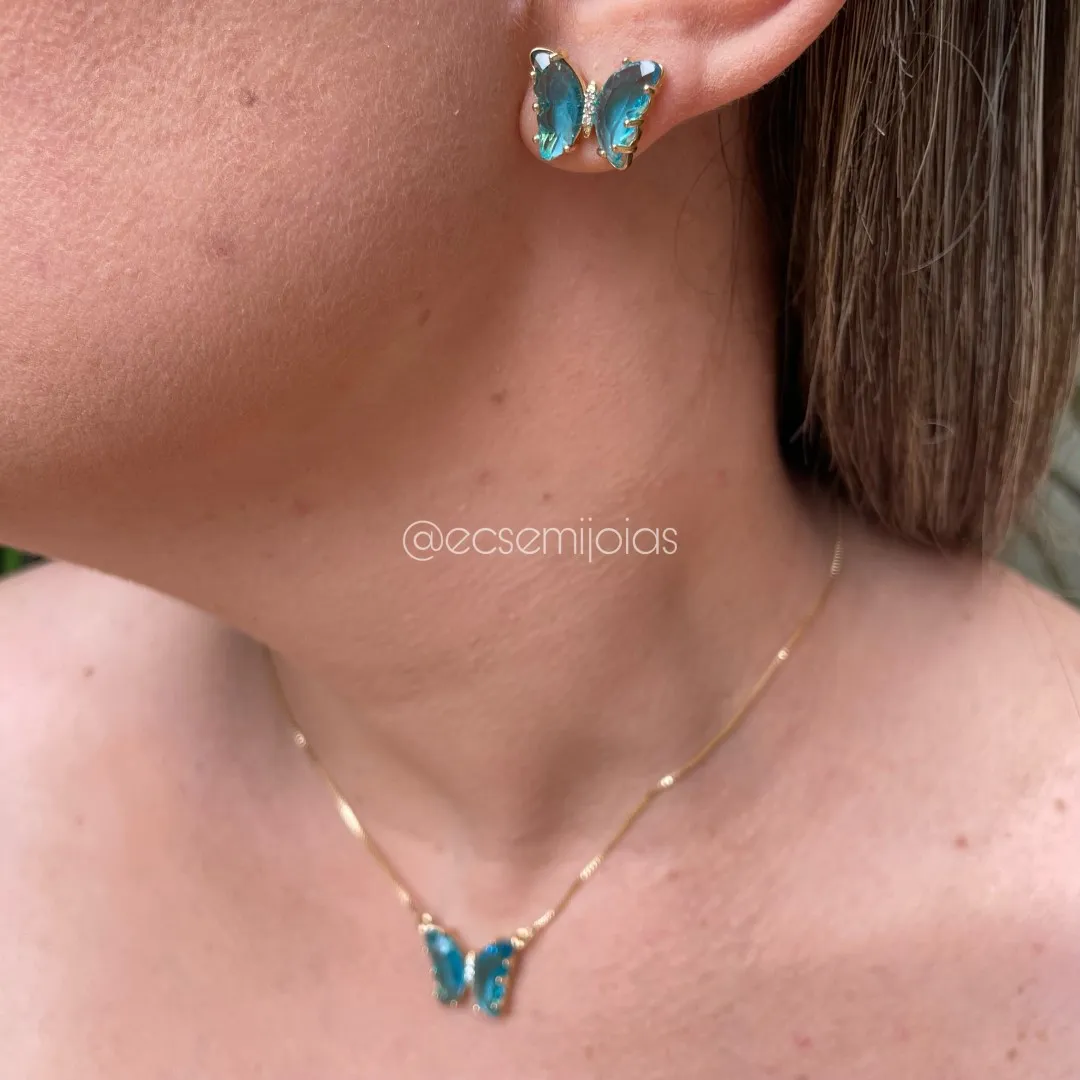 Conjunto de brinco e colar de borboleta - 45 cm - banhado a ouro 18k