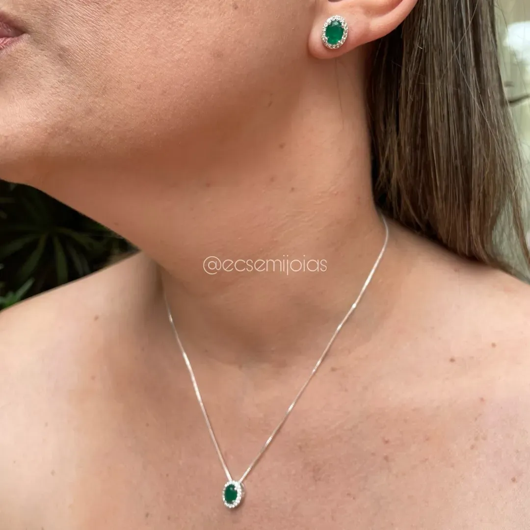 Conjunto de brinco e colar pedra oval cravejada em volta - banhado a prata 925