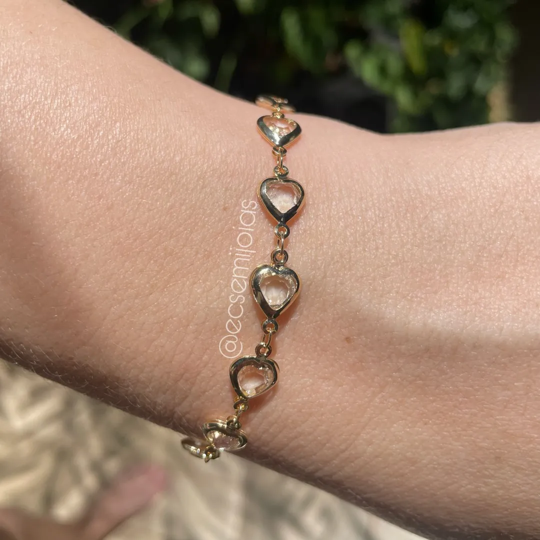 Pulseira 100% de corações cristais - 16,5cm + extensor - banhado a ouro 18k