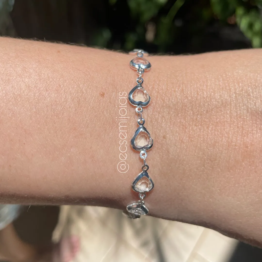 Pulseira 100% de corações cristais - 16,5cm + extensor - banhado a prata 925