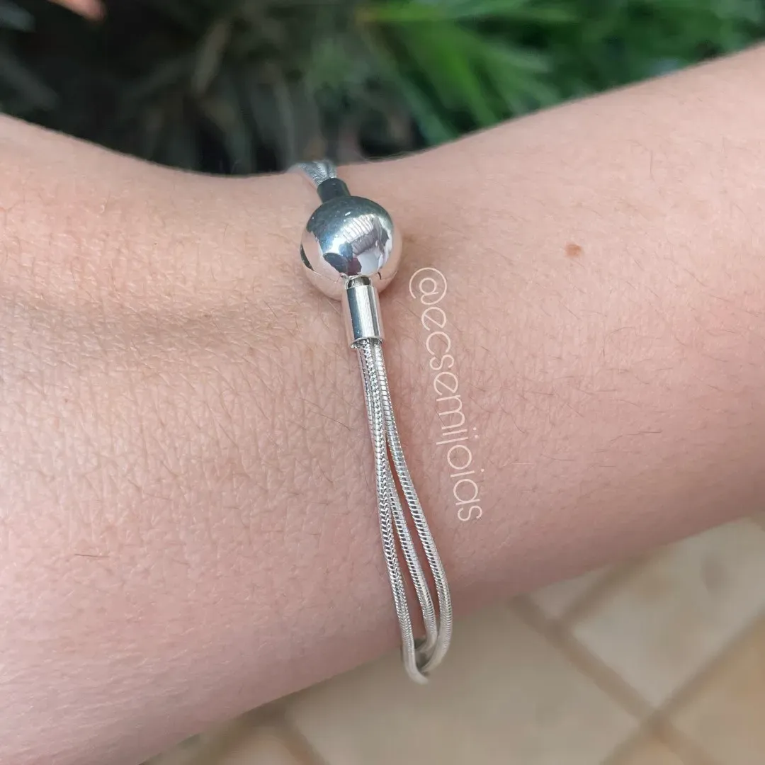 Pulseira para berloques com 3 fios rabo de rato 1mm - fecho redondo liso - banhado a prata 925