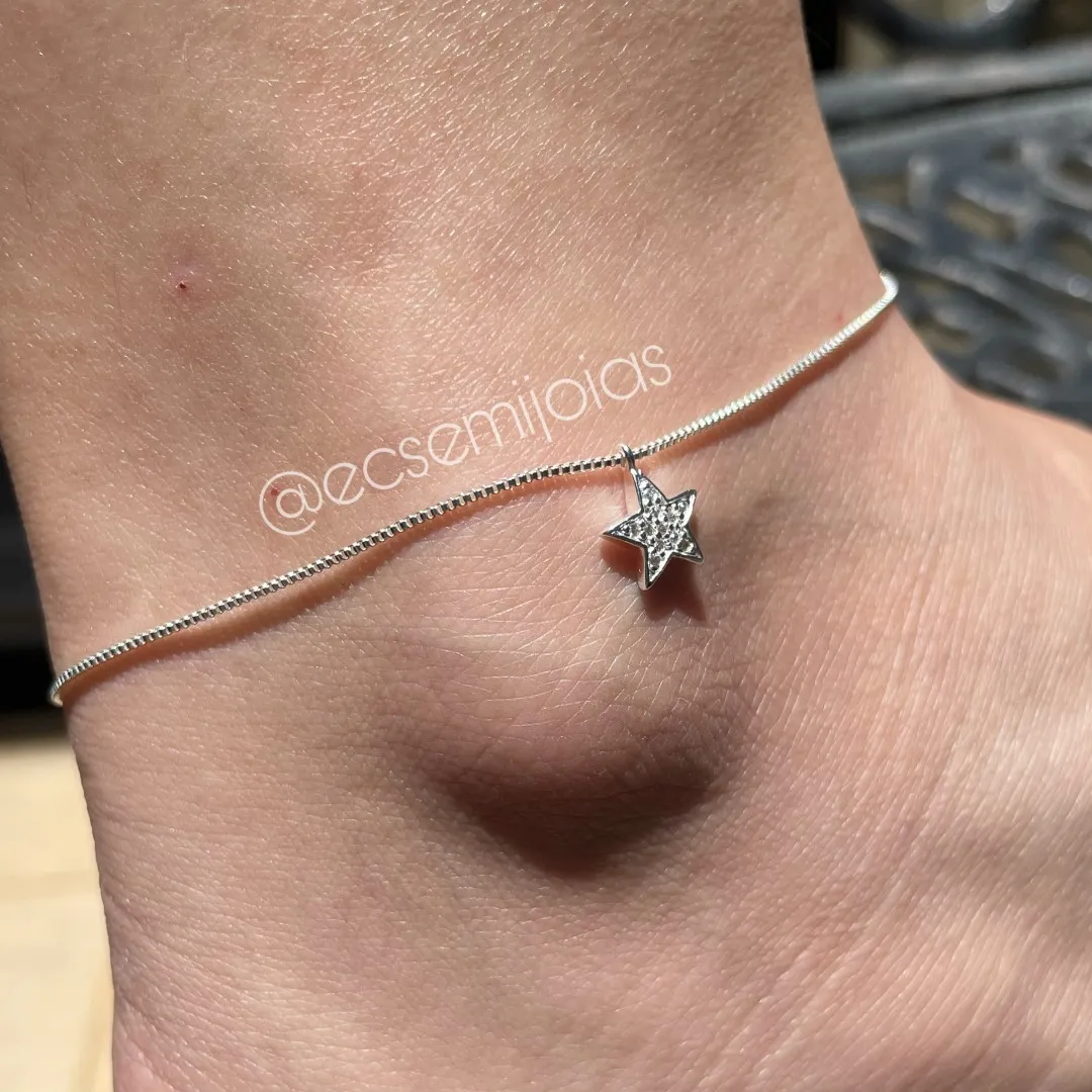 Tornozeleira com 1 estrela cravejada na veneziana - 25cm + extensor - banhado a prata 925
