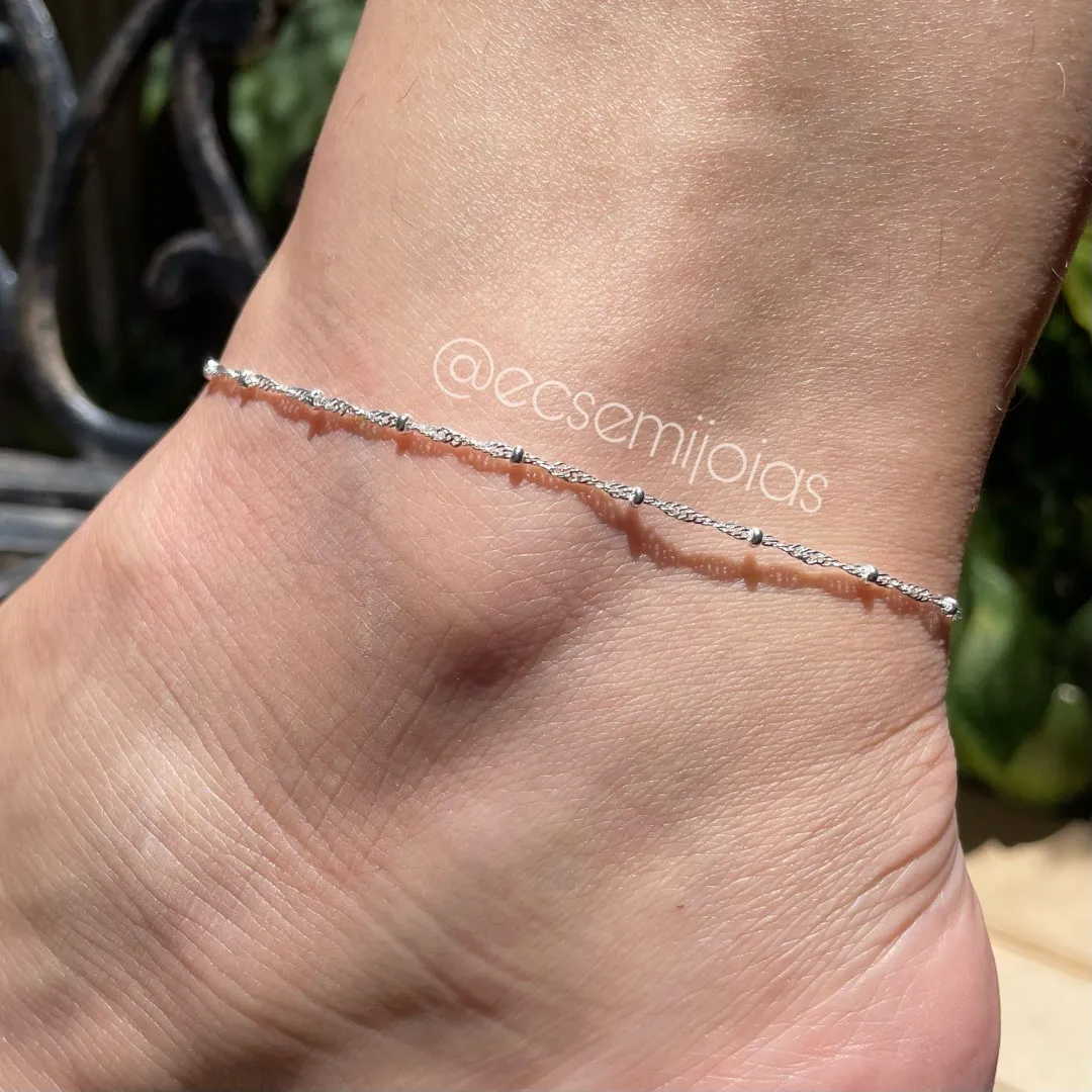 Tornozeleira com bolinhas lisas e elos trabalhados - 24cm + extensor - banhado a prata 925