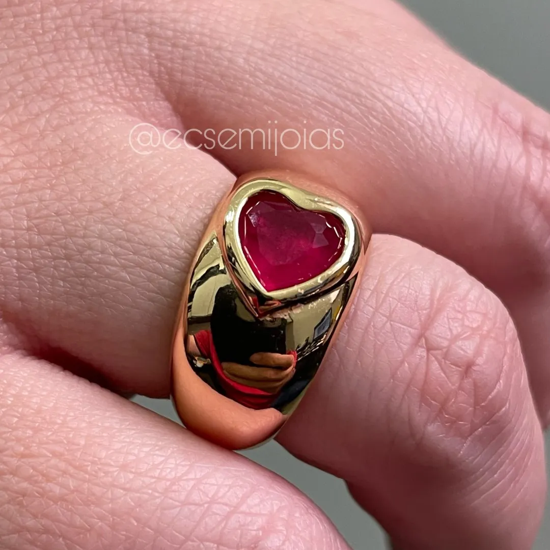 Anel de pedra natural de coração  - banhado a ouro 18k