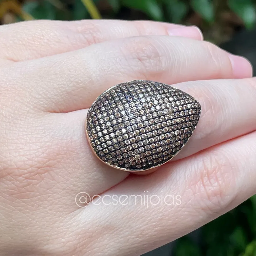 Anel gota grande cravejada - 24x32mm - banhado a ouro 18k