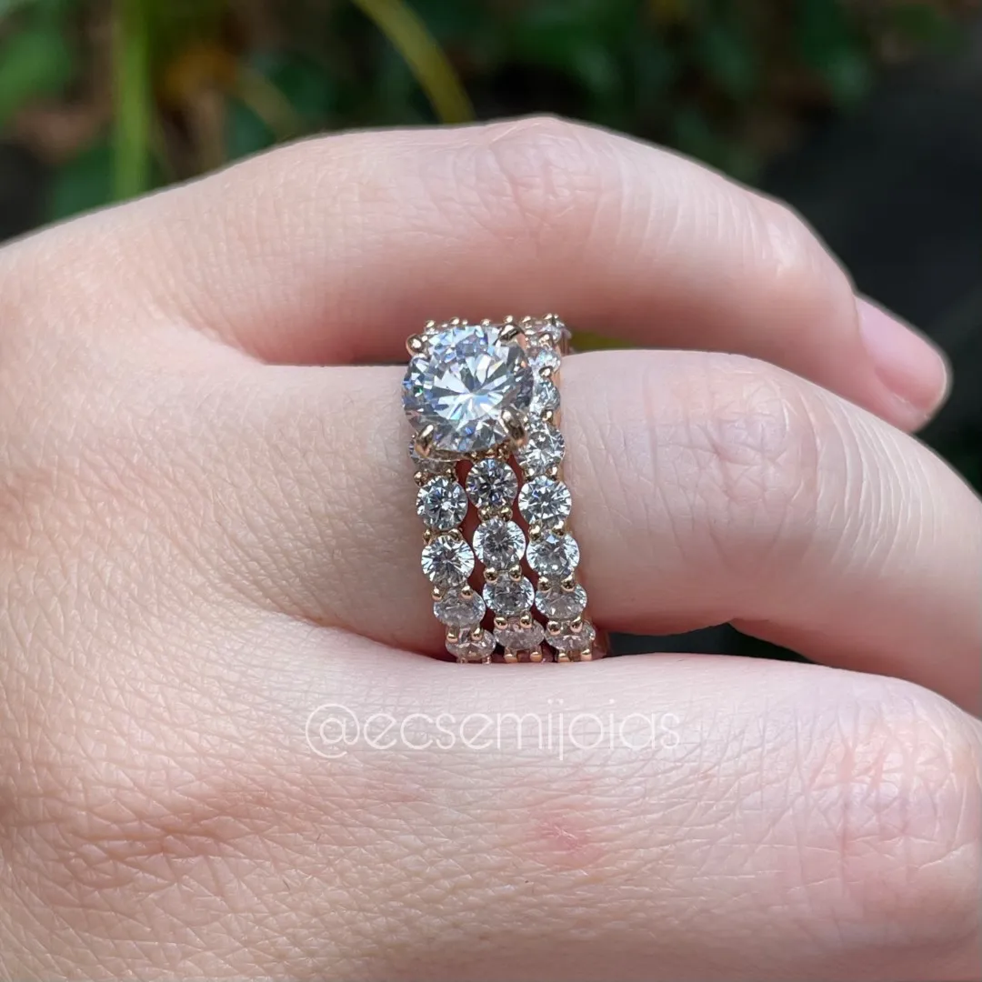 Anel trio com solitário 8mm e aro 100% com zircônias - banhado a ouro 18k