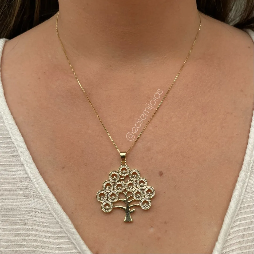 Colar com árvore da vida cravejada - banhado a ouro 18k