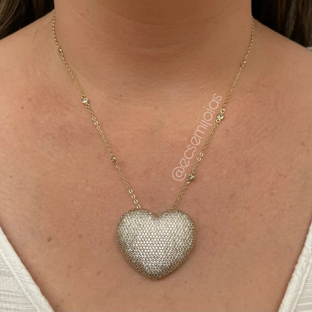 Colar com coração grande cravejado - 45cm + extensor - banhado a ouro 18k