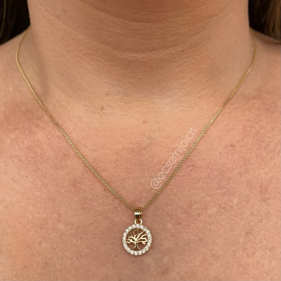 Colar de árvore da vida vazada cravejado em volta - 45cm - banhado a ouro 18k