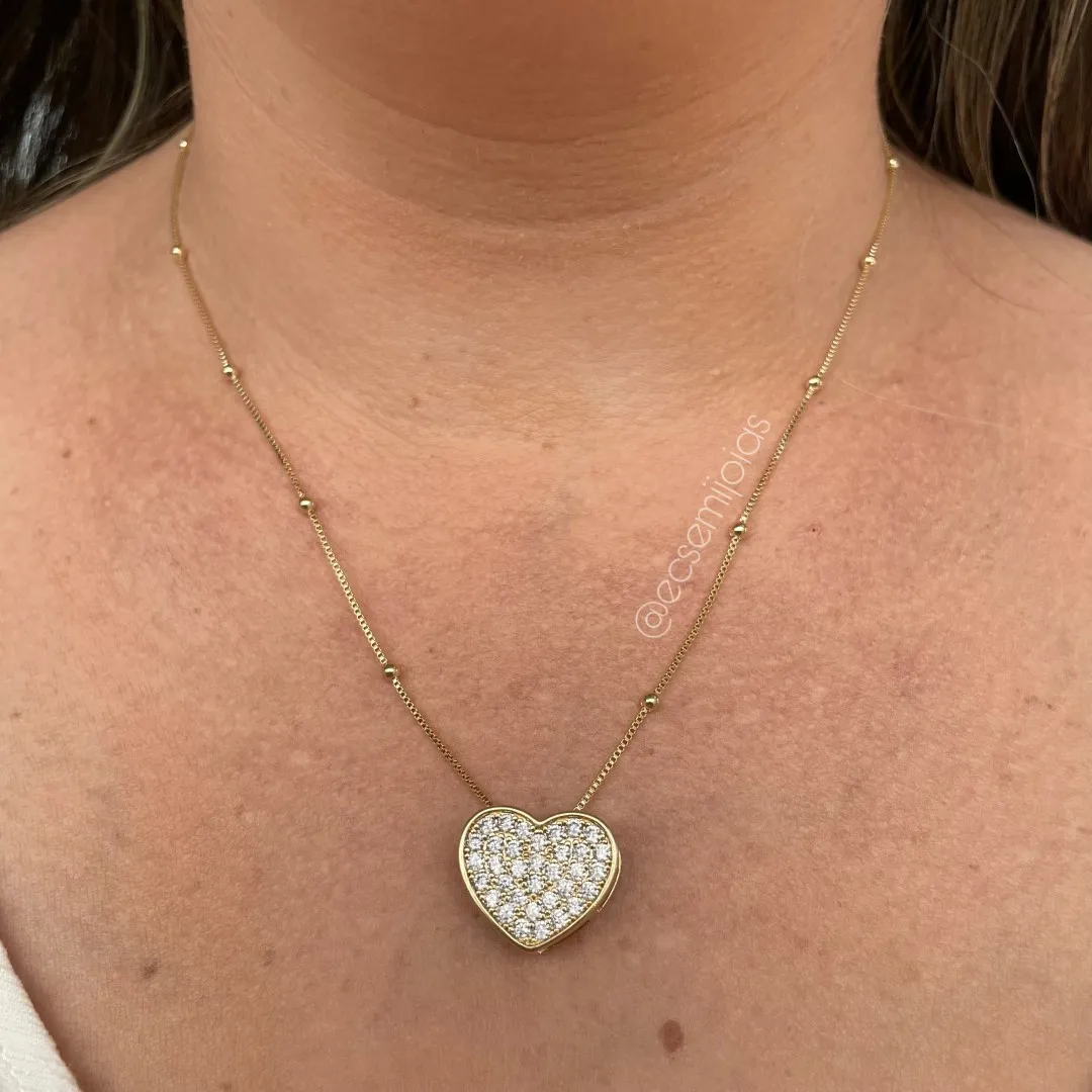 Colar de bolinhas com coração cravejado - 45cm - banhado a ouro 18k