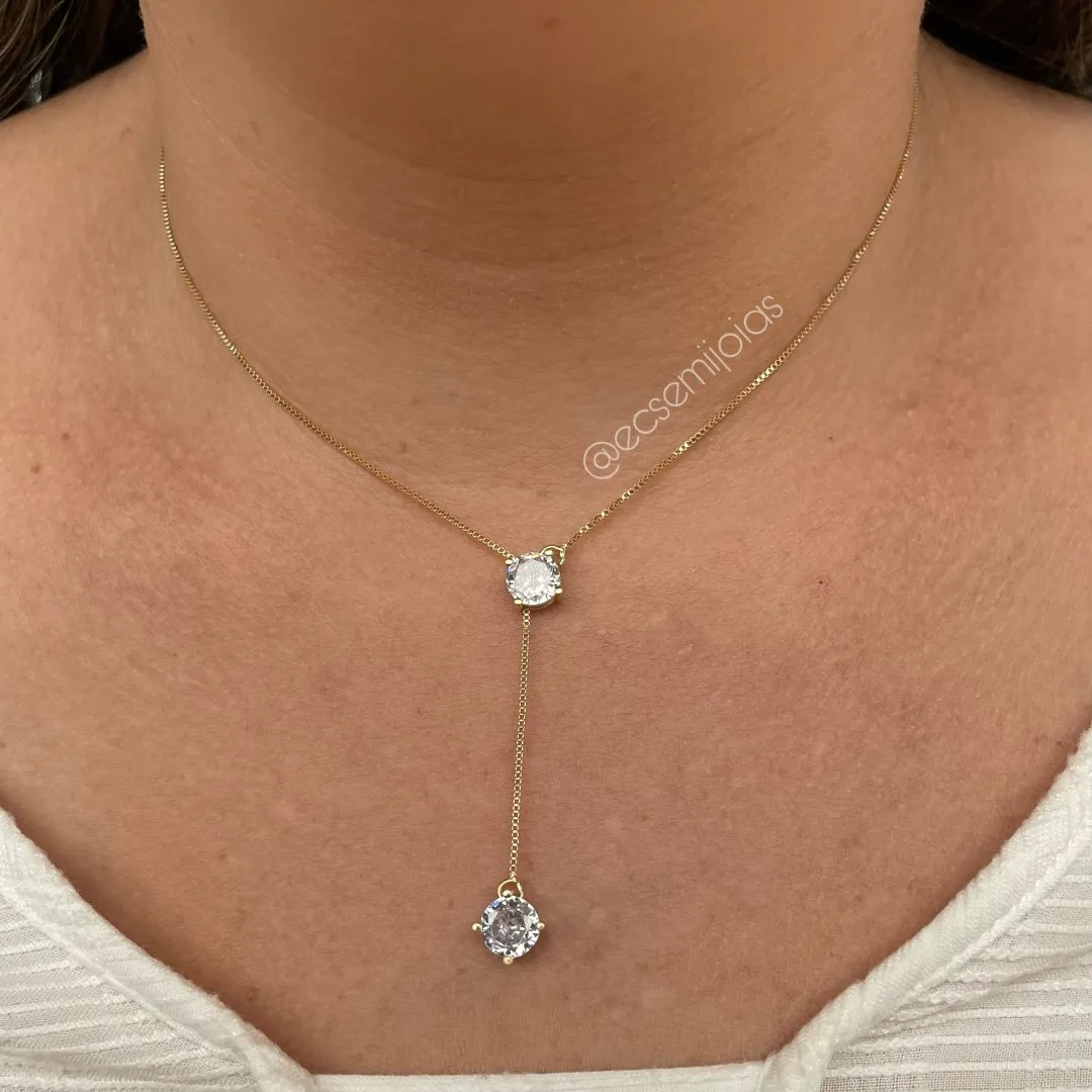 Colar gravata com 2 zircônias 7mm - 40cm - banhado a ouro 18k