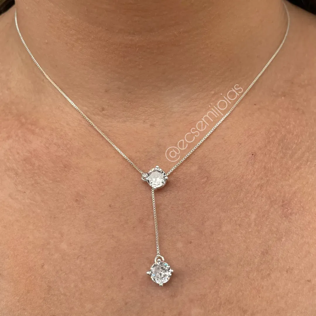 Colar gravata com 2 zircônias 7mm - 40cm - banhado a prata 925