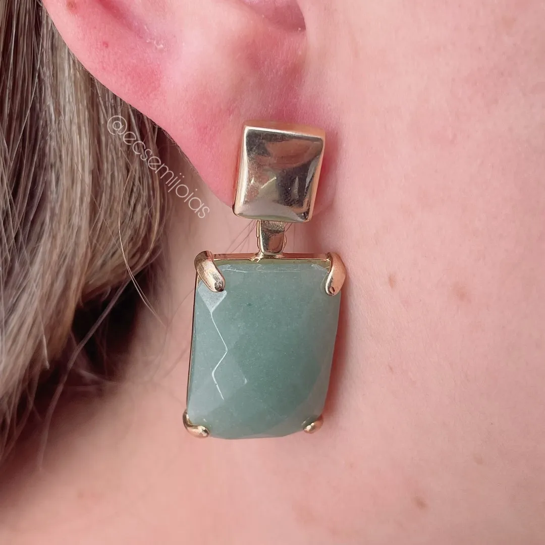 Conjunto anel e brinco com pedra aventurina verde oval e retangular - banhado a ouro 18k