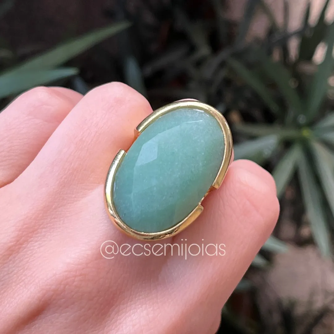 Conjunto anel e brinco com pedra aventurina verde oval e retangular - banhado a ouro 18k