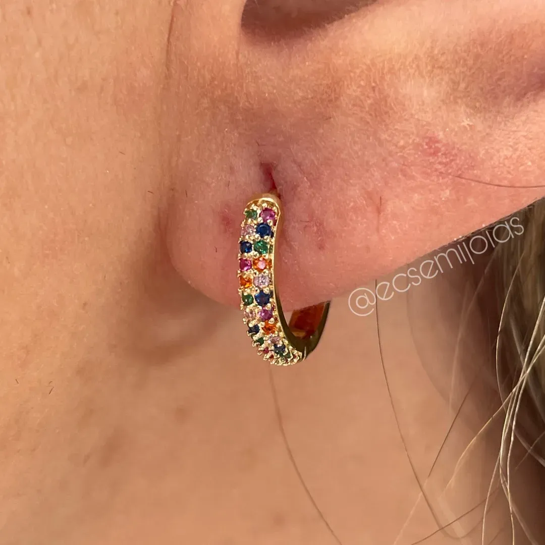 Argola com 2 fileiras cravejadas M - 14mm - banhado a ouro 18k
