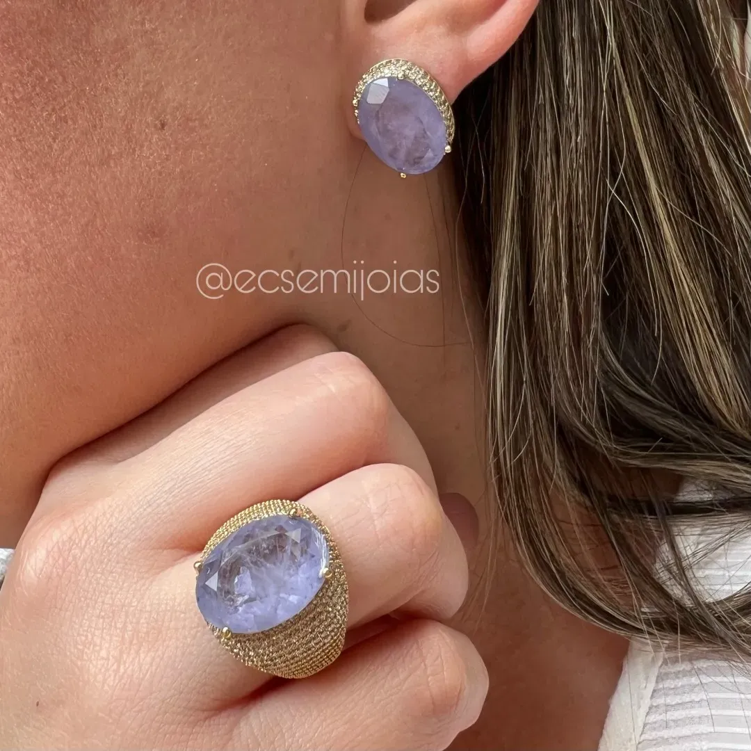Conjunto anel e brinco com pedra natural oval grande cravejado nas laterais - banhado a ouro 18k
