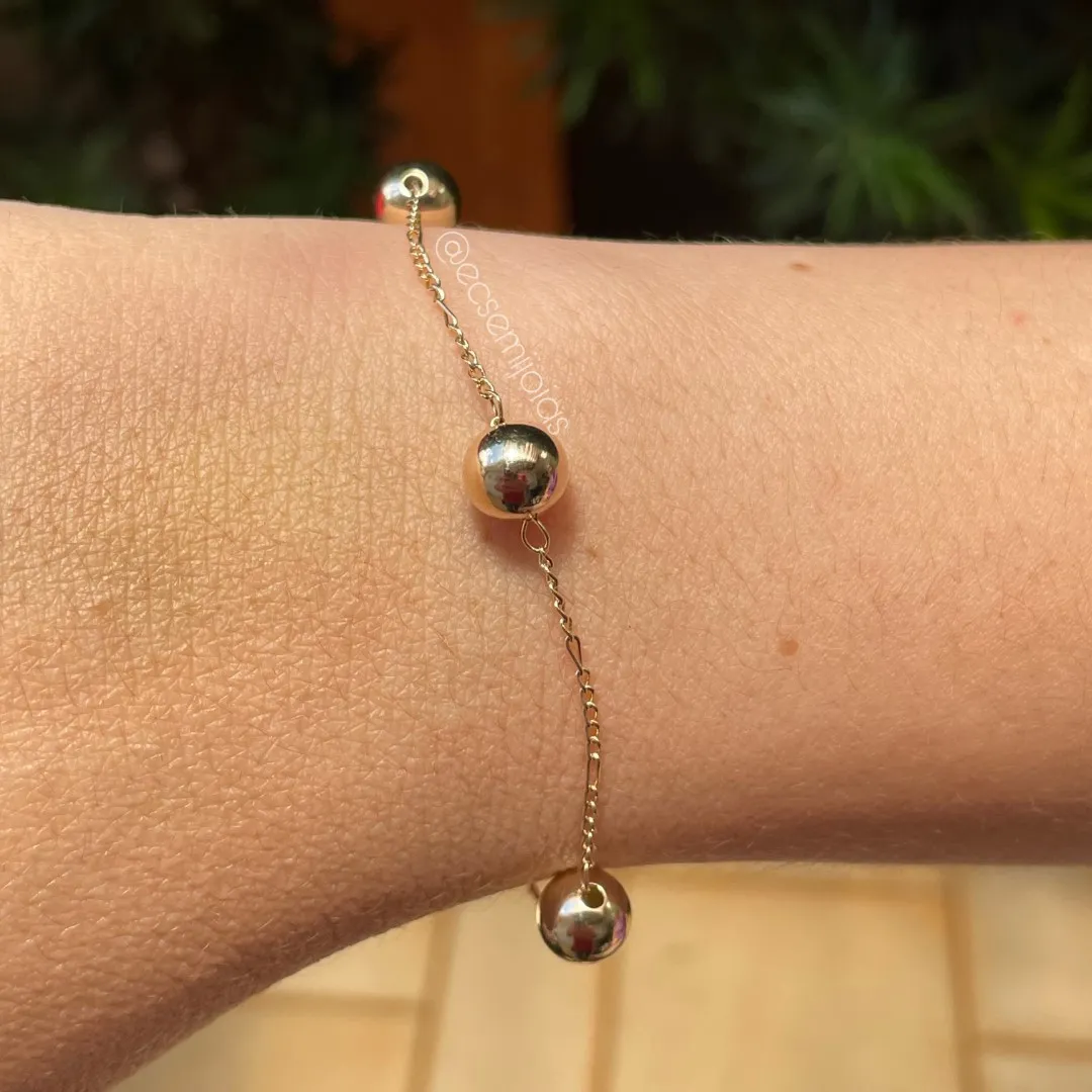 Pulseira com 5 bolas lisas 8mm - 19cm + extensor - banhado a ouro 18k