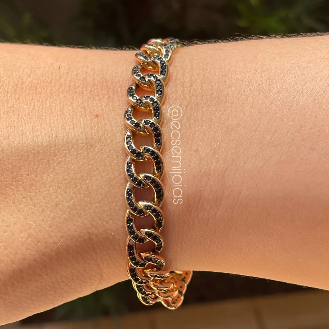 Pulseira com elos grumet 10mm 100% cravejados - 19cm - banhado a ouro 18k