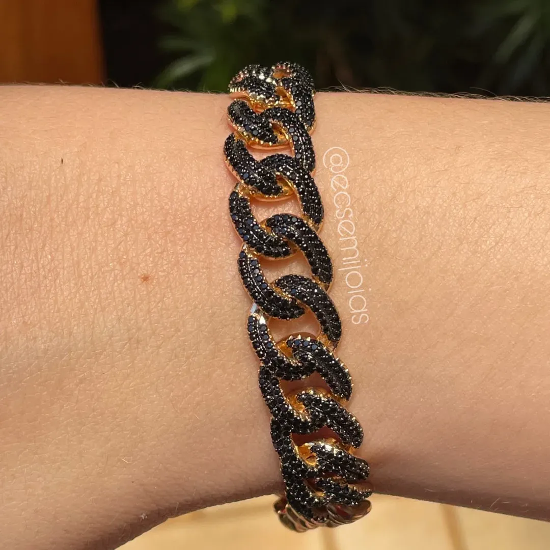 Pulseira com elos grumet 12mm cravejados - 21cm - banhado a ouro 18k