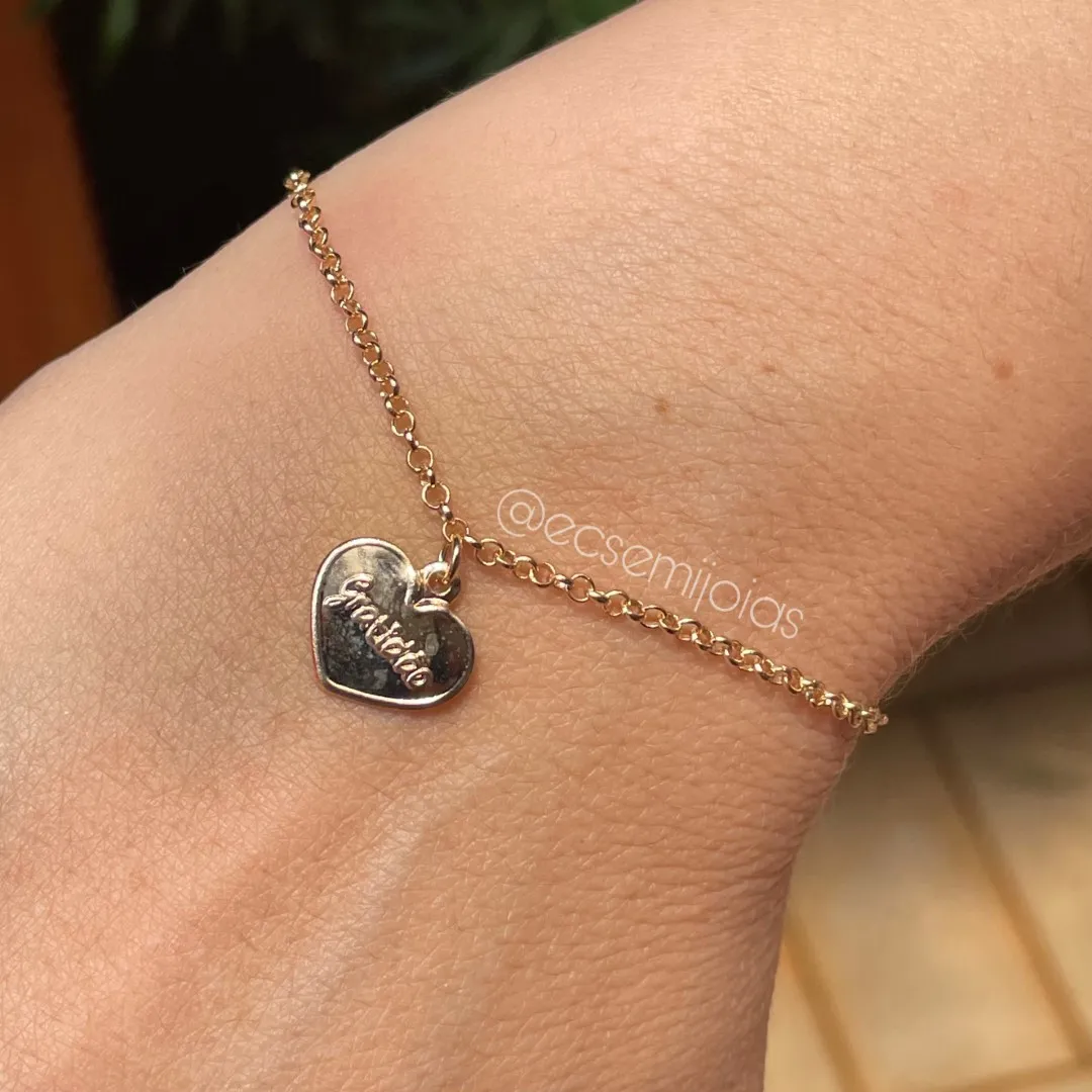 Pulseira de elo português fininho com coração escrito GRATIDÃO - 19cm - banhado a ouro 18k