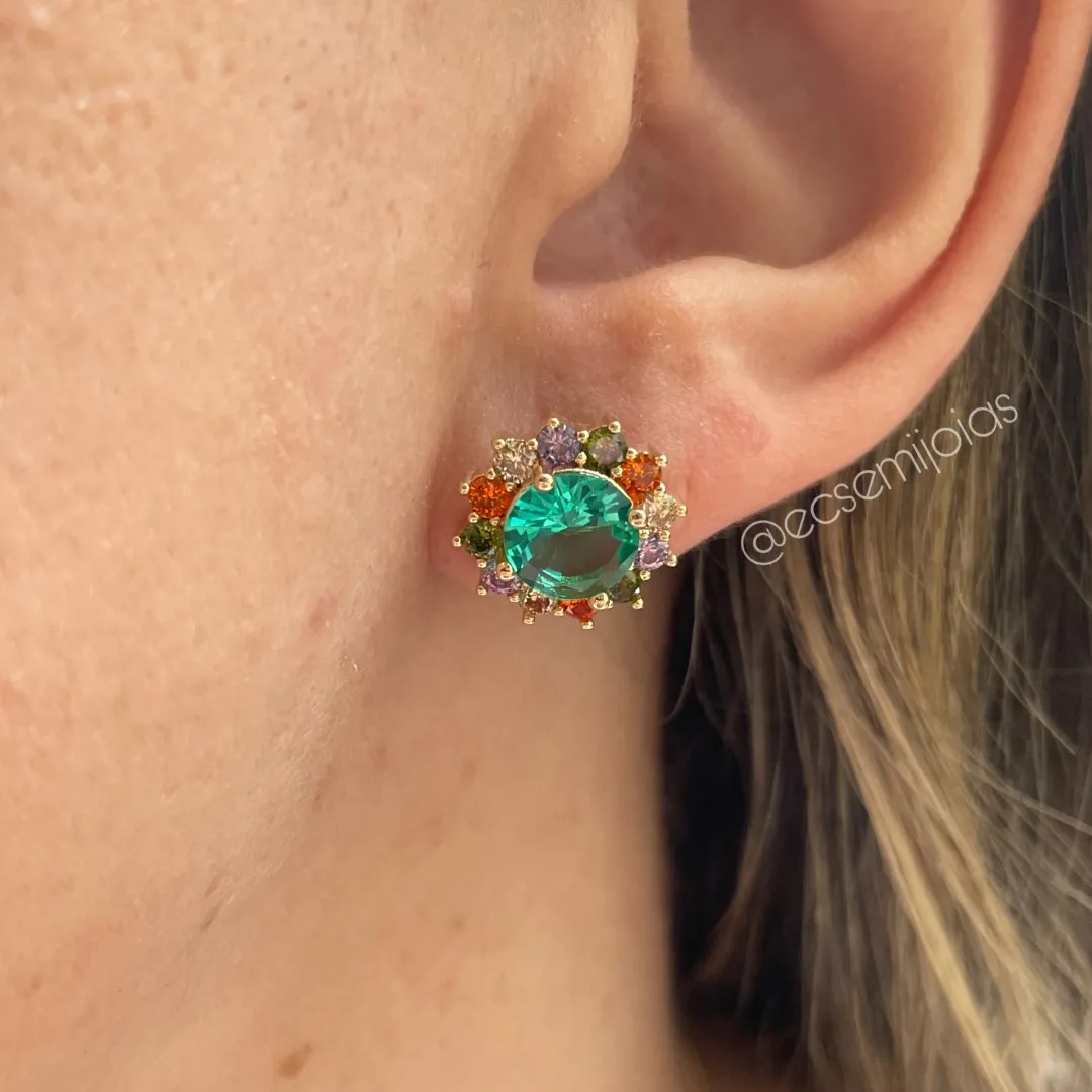 Conjunto de brinco e colar zircônia redonda maior no centro cravejado em volta - banhado a ouro 18k