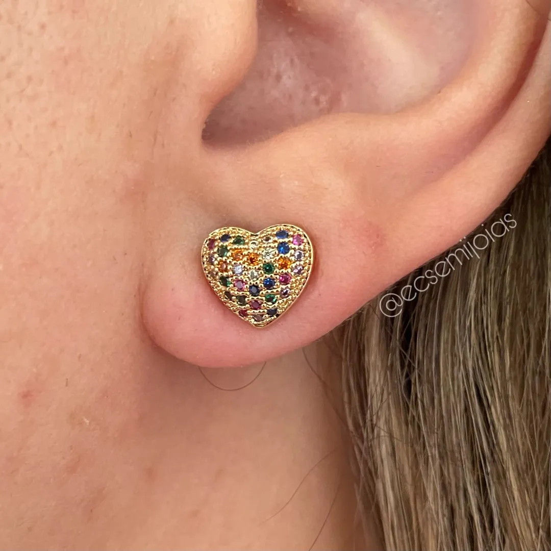 Conjunto de brinco e colar de coração cravejado - banhado a ouro 18k