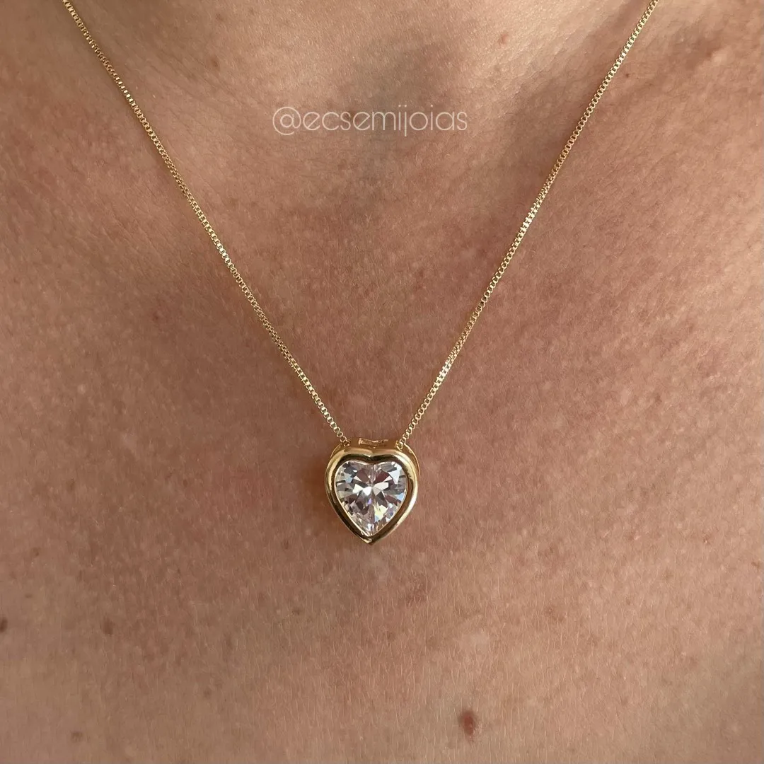 Conjunto de brinco e colar de coração de zircônia - banhado a ouro 18k