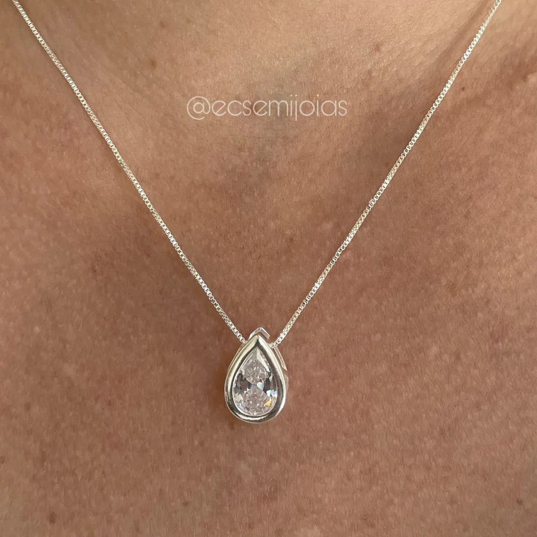 Conjunto de brinco e colar de gota de zircônia - banhado a prata 925