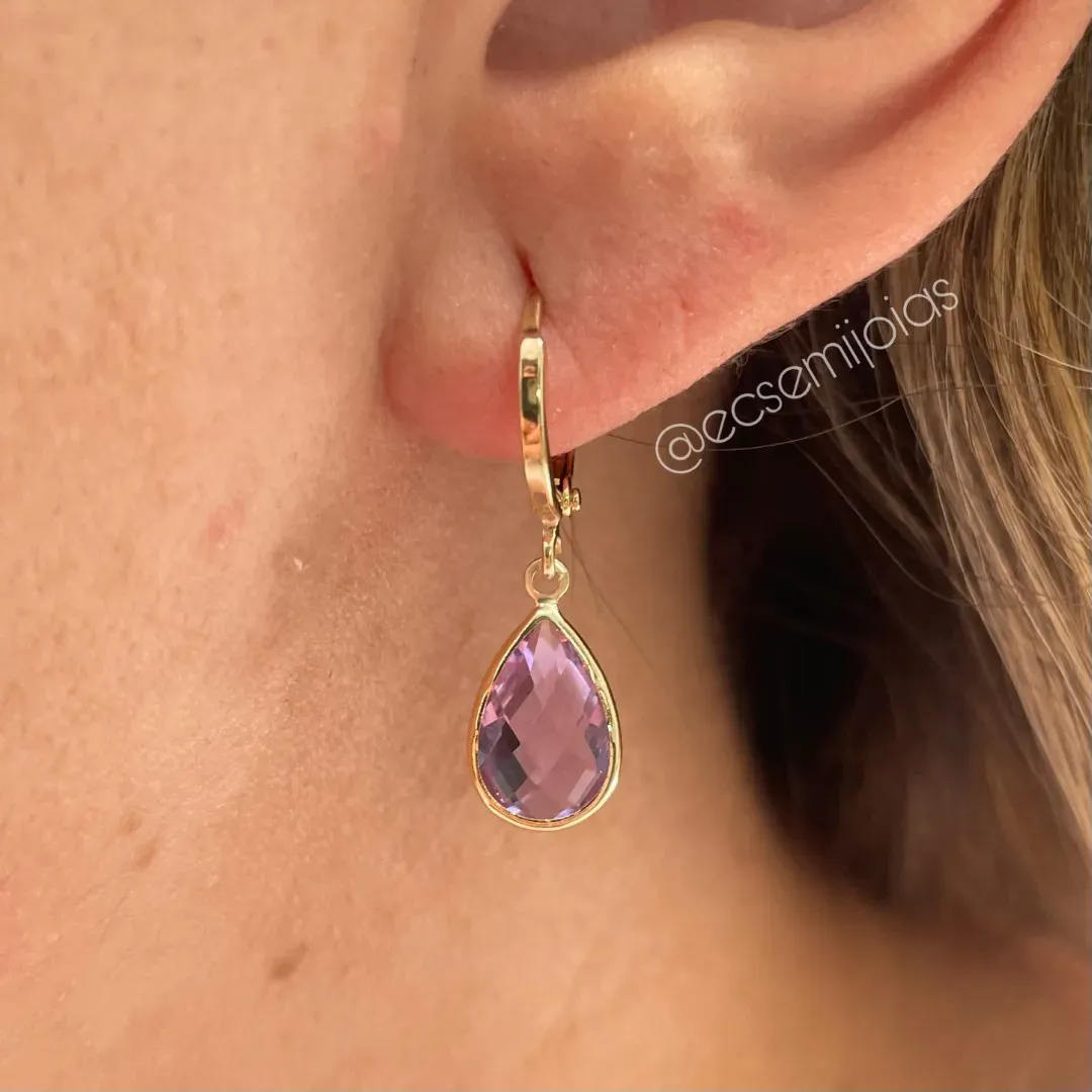 Argola tranqueta com pingente cristal gota pendurada - 8x12mm - banhado a ouro 18k